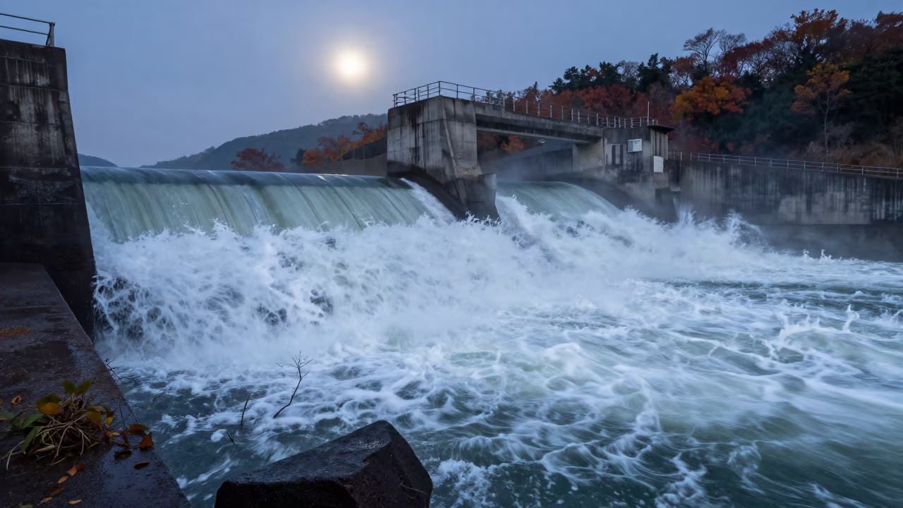 Roaring Spillway Water Before Dawn in Shikoku in along concrete walls above turbulent water in Shikoku