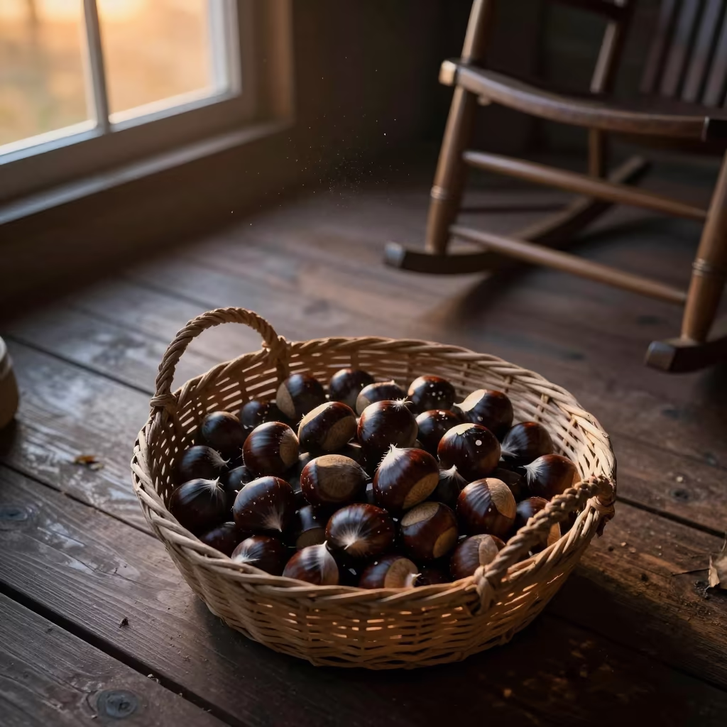 Roasted Chestnuts in Basket on Cali Porch in on a porch with a rocking chair near Cali