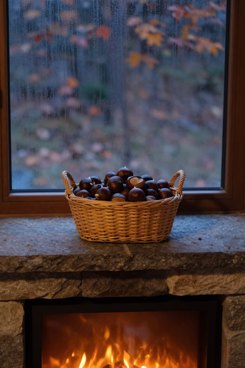 Roasted Chestnuts by Fireplace in Masan in by a crackling fireplace in Masan
