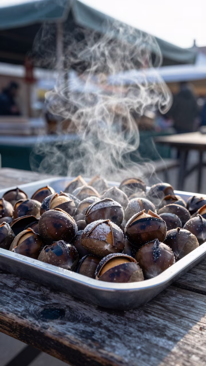 Roasted Chestnuts on Market Table Dawn Novi Sad in on a weathered outdoor table near Novi Sad