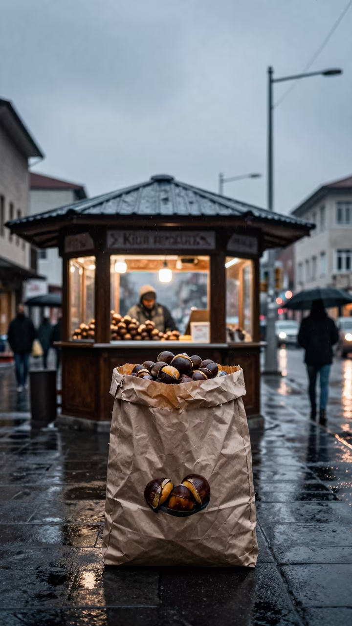Roasted Chestnuts on Rain Darkened Kilis Street in by a rain-darkened kiosk in Kilis
