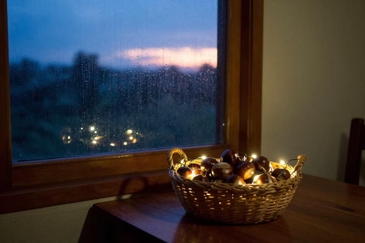 Roasted Chestnuts by Rainy Window in Brazzaville in beside a rain-streaked window near Brazzaville