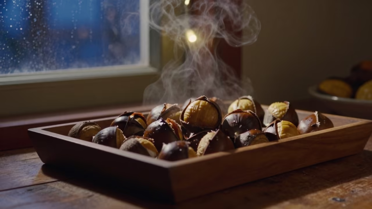 Roasted Chestnuts on Wooden Table Gwalior in on a rustic wooden table in Gwalior
