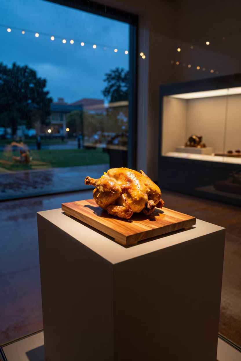 Roasted Chicken on Museum Plinth Benin City in on a museum plinth in Benin City