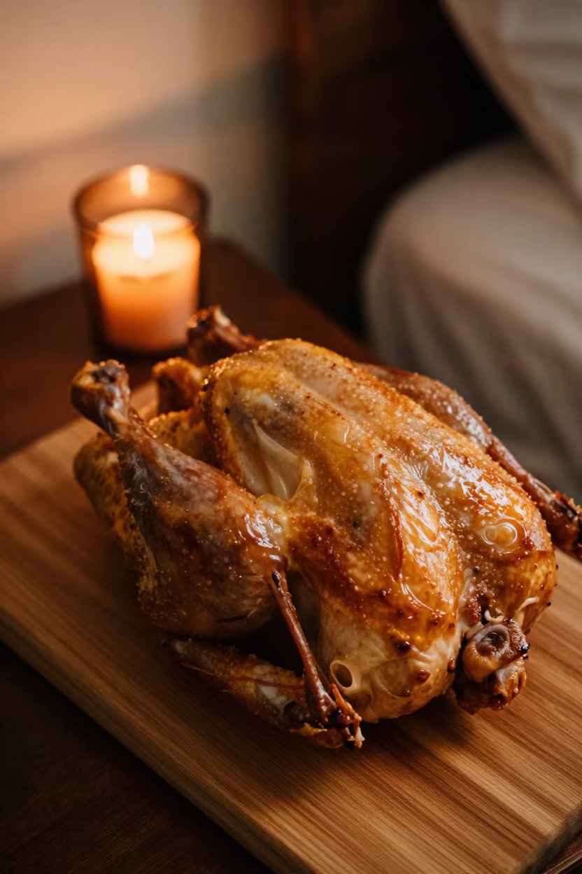 Roasted Chicken on Nightstand Liulichang in on a bedside table in Liulichang, Beijing