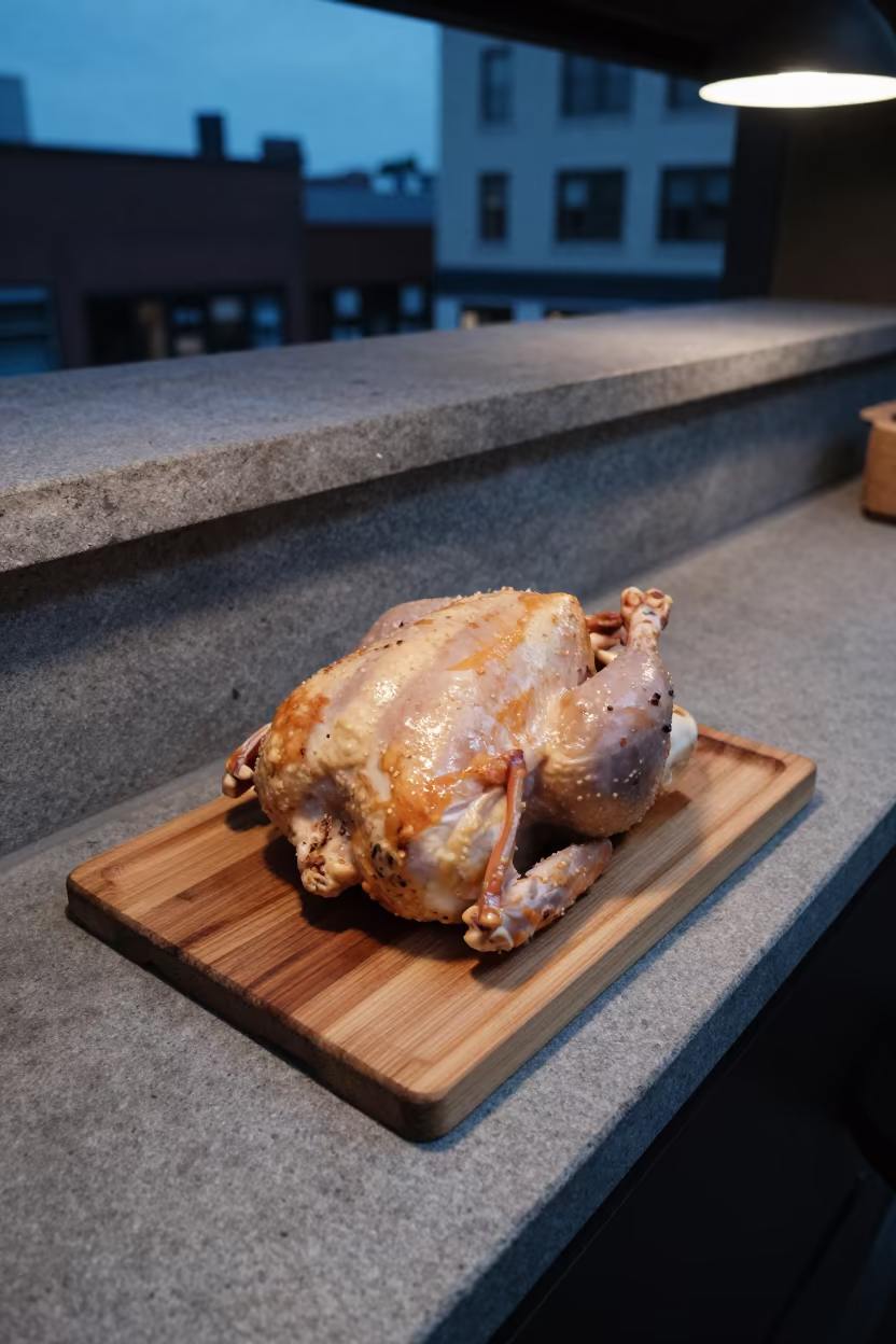 Roasted Chicken on Stone Ledge Montreal Market in on a stone ledge in Jean-Talon Market, Montreal