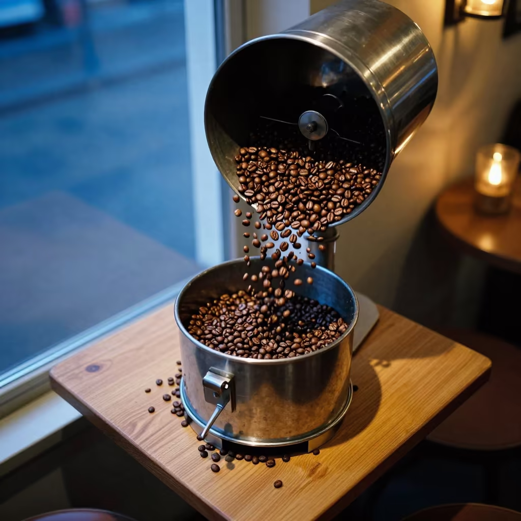 Roasted Coffee Beans on Table in Antwerp Cafe in on a small cafe table by a window in Antwerp