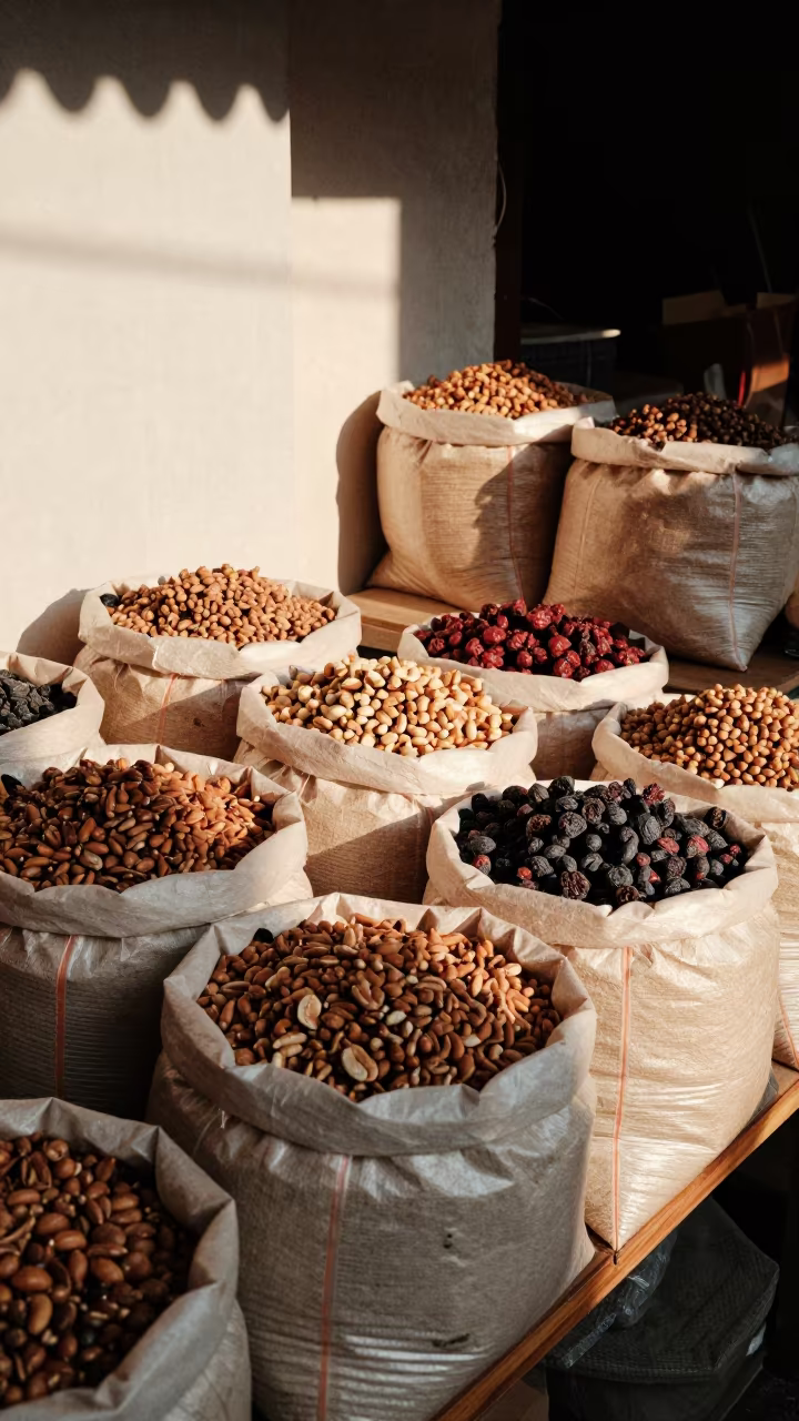 Roasted Nuts and Dried Fruit in Lijiang Market in on a grocer's counter with stacked paper sacks in Lijiang