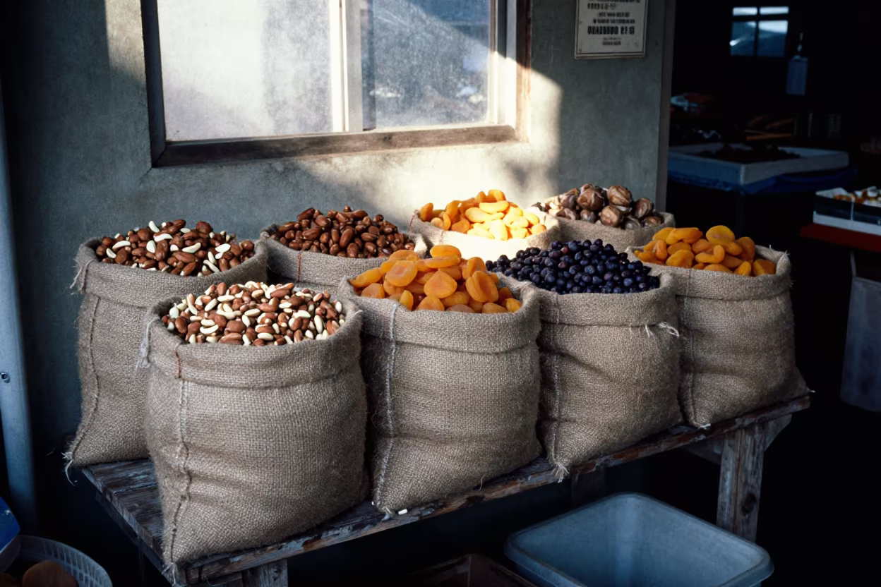 Roasted Nuts and Dried Fruit on Market Shelf in on a wooden shelf inside a covered market in Diamond Head, Honolulu