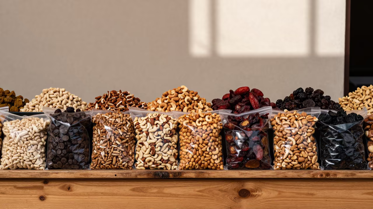 Roasted Nuts Dried Fruit Market Stall in at a market stall counter in Santiago de Compostela