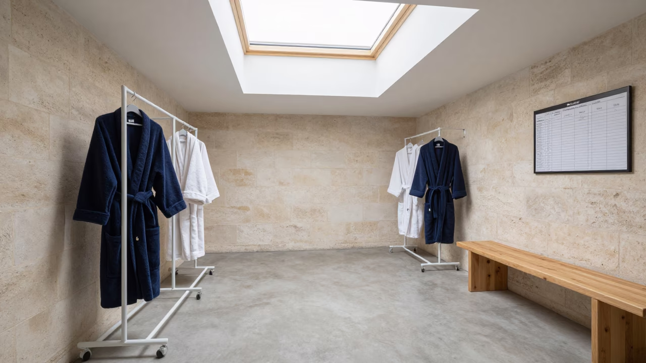 Robe Hamper in Avignon Strength Room Late Afternoon in inside a strength room in Avignon