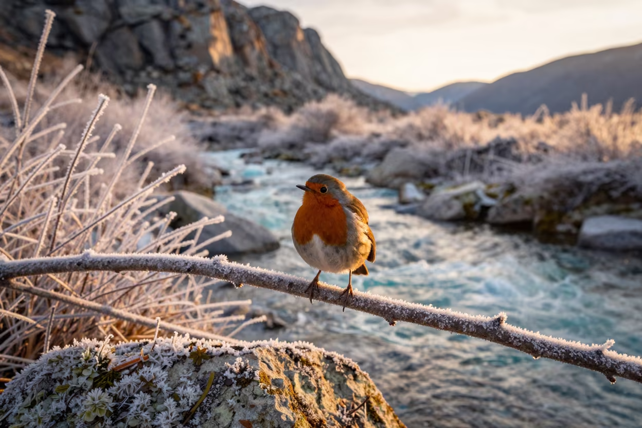 Robin Perched on Frosty Branch Over Glacial Stream in above a glacial stream in Corsica