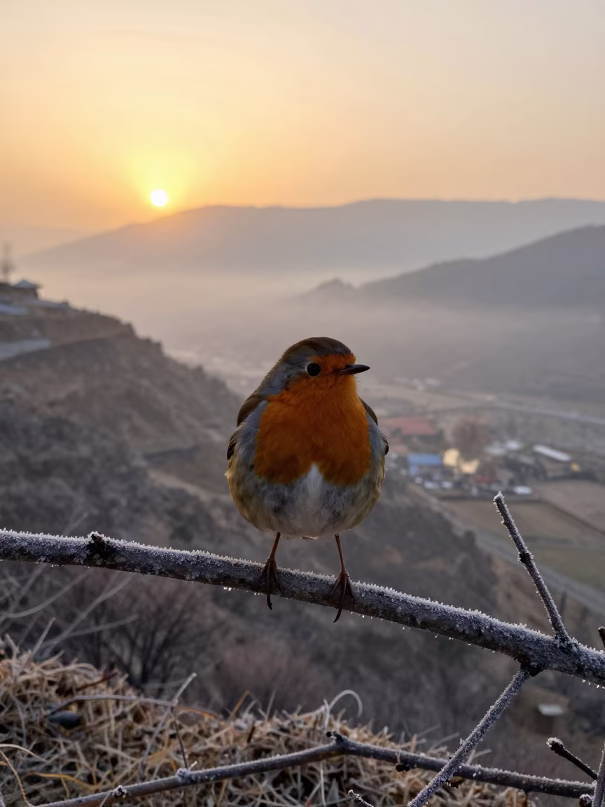 Robin on Frosty Ridge at Sunset Near Peshawar in on a wind-scoured ridge near Peshawar