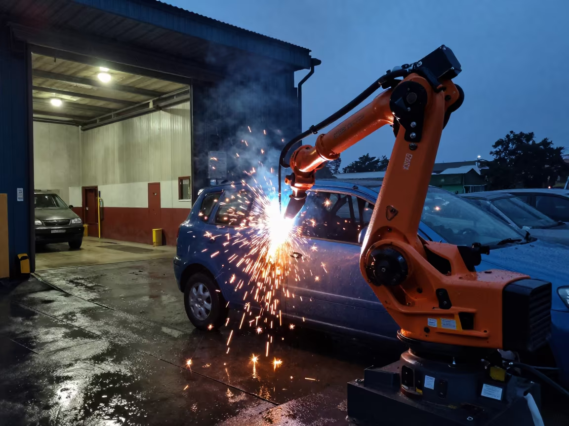 Robot Arm Welding Car Doors at Predawn in at a loading dock near Libreville