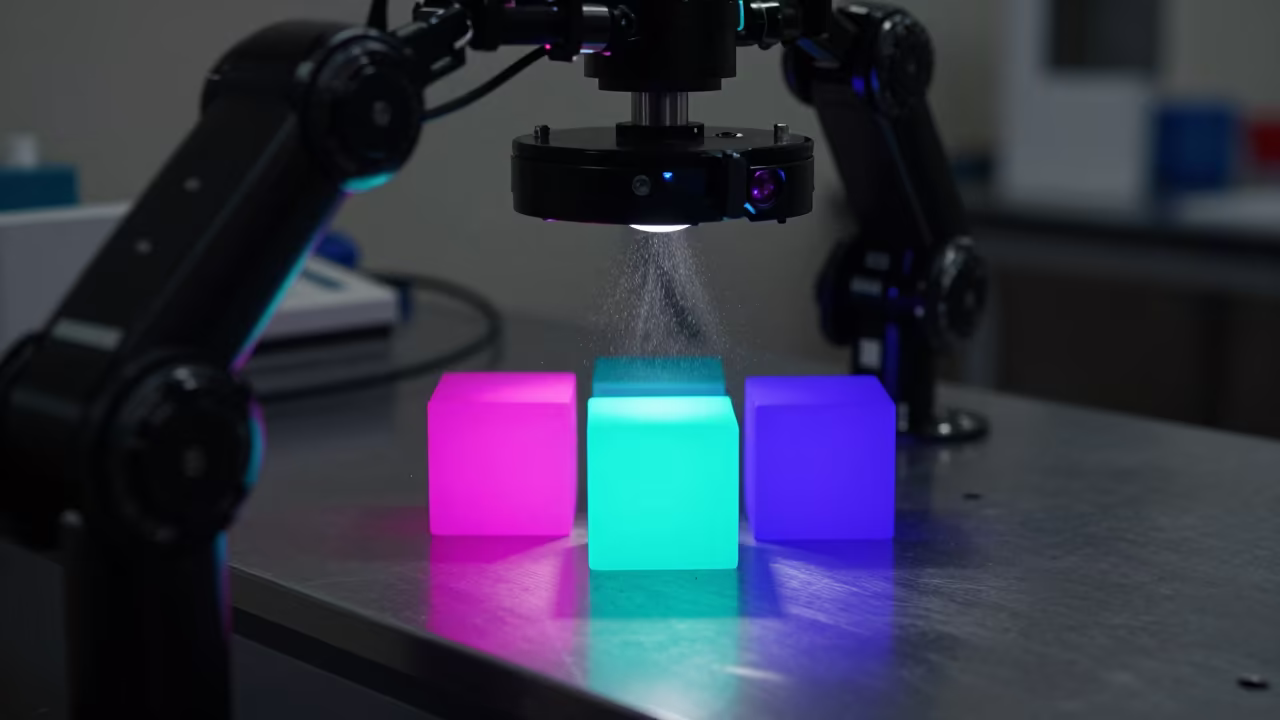 Robot Vision Rig Stares at Neon Calibration Cubes in inside a university research lab in Escuintla
