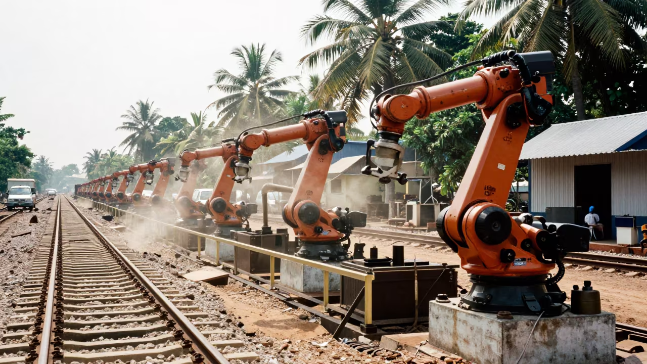 Robotic Arms on Car Assembly Line in at a rail yard near Thanjavur