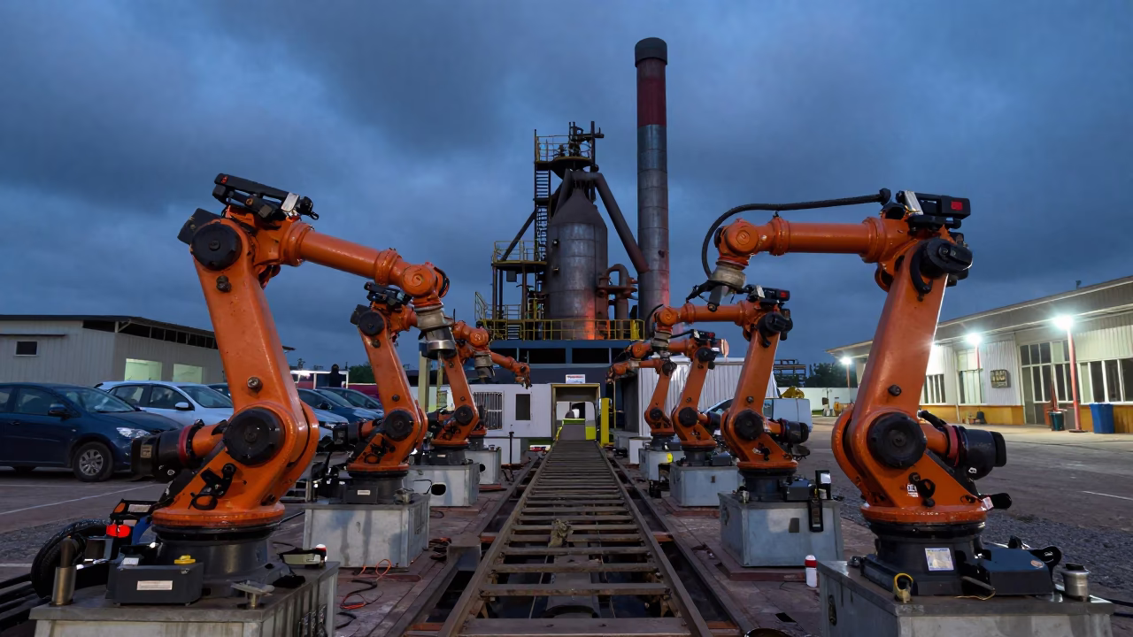 Robotic Arms on Car Assembly Line at Twilight in beside a blast furnace near Kano