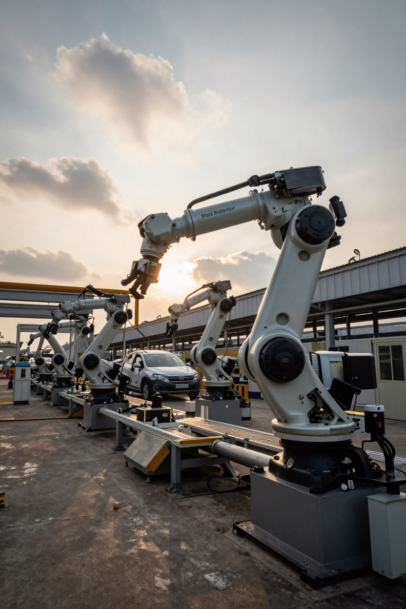 Robotic Arms on Factory Floor Near Chennai at Dawn in on a factory floor near Chennai