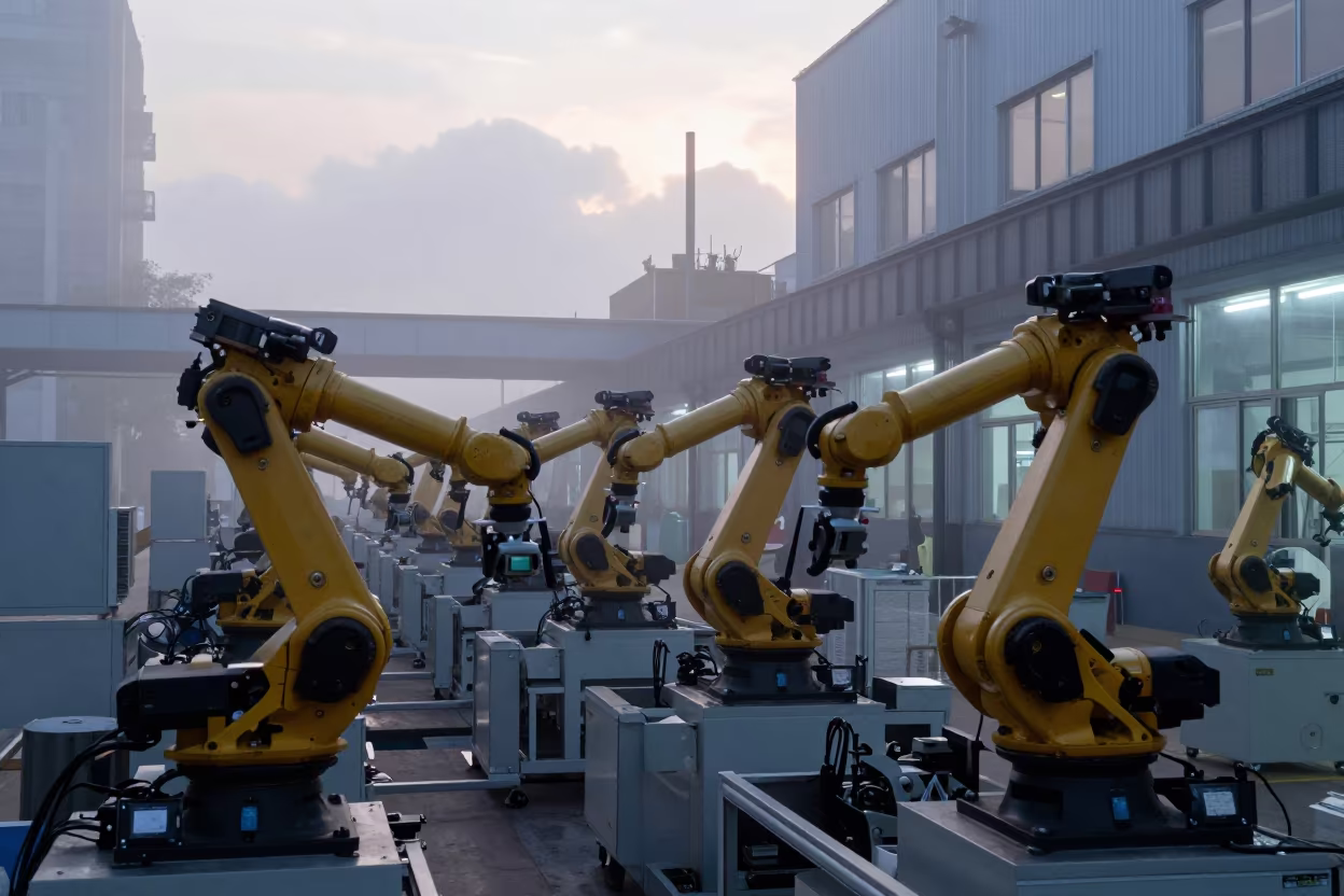Robotic Arms on Factory Floor Dawn in on a factory floor near Zhujiang New Town, Guangzhou