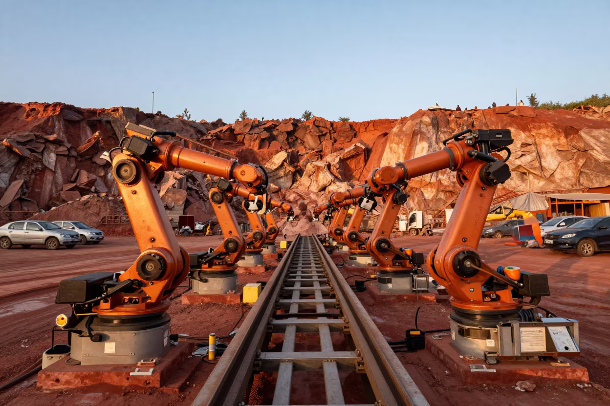 Robotic Arms On Quarry Ledge Before Dusk in on a quarry ledge near Kismayo