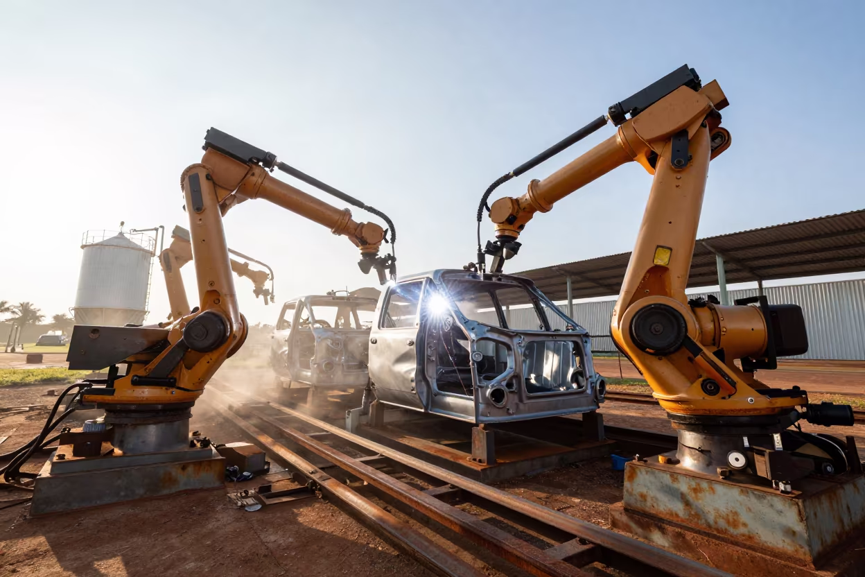 Robotic Arms Welding Chassis Frames in Grain Elevator in inside a grain elevator near Brasilia