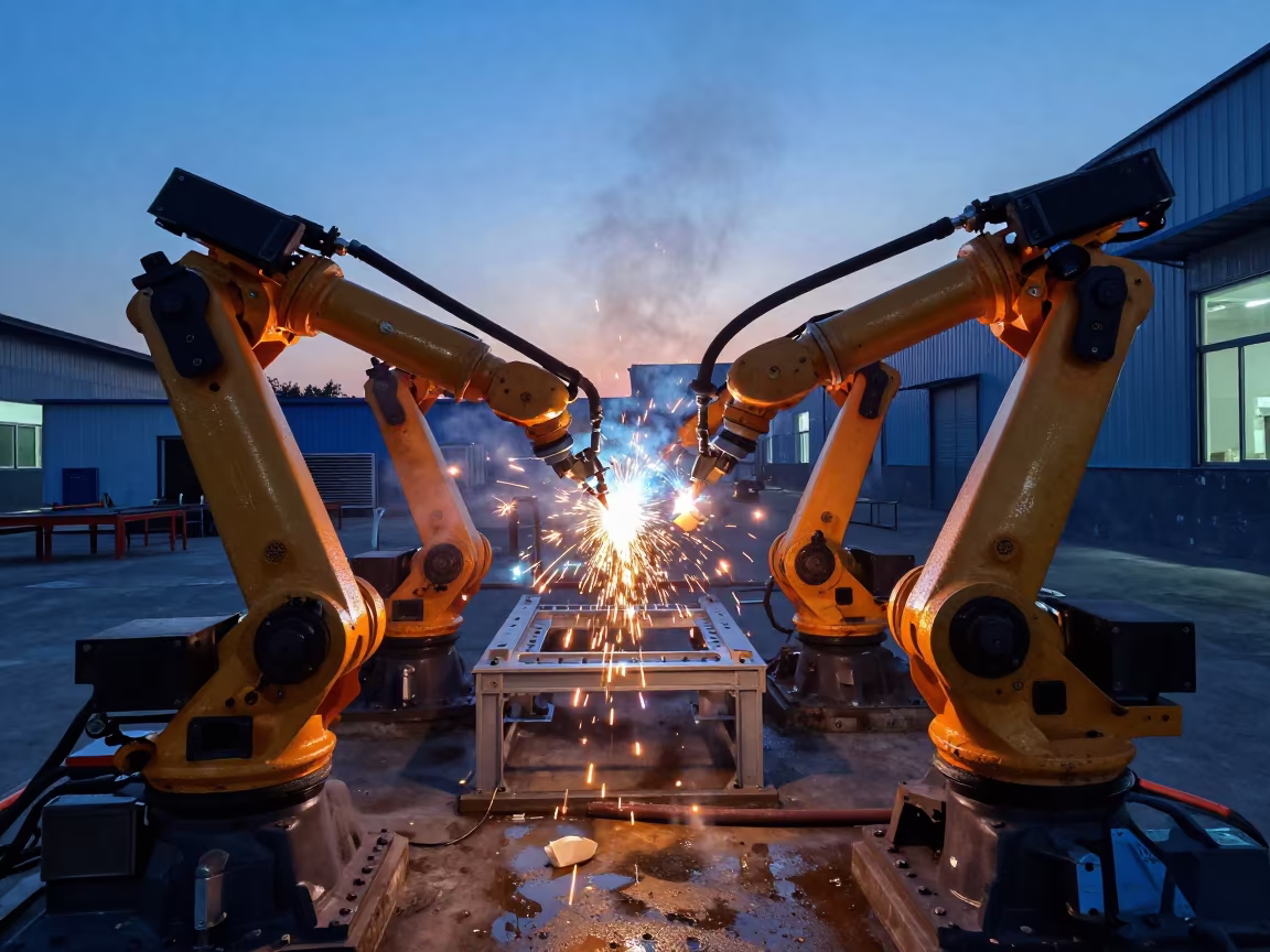 Robotic Arms Welding Chassis Frames in Indigo Twilight in in a machine shop near Changsha
