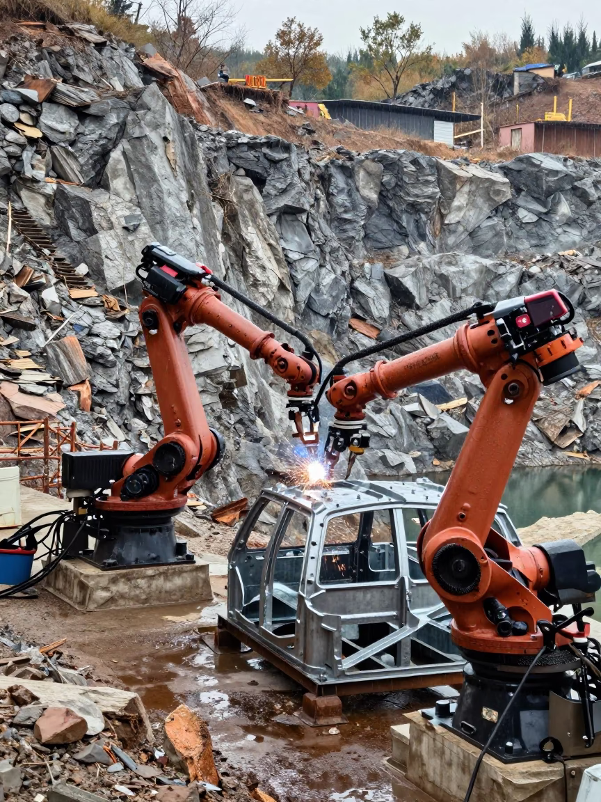 Robotic Arms Welding Chassis on Quarry Ledge in on a quarry ledge near Zhengzhou