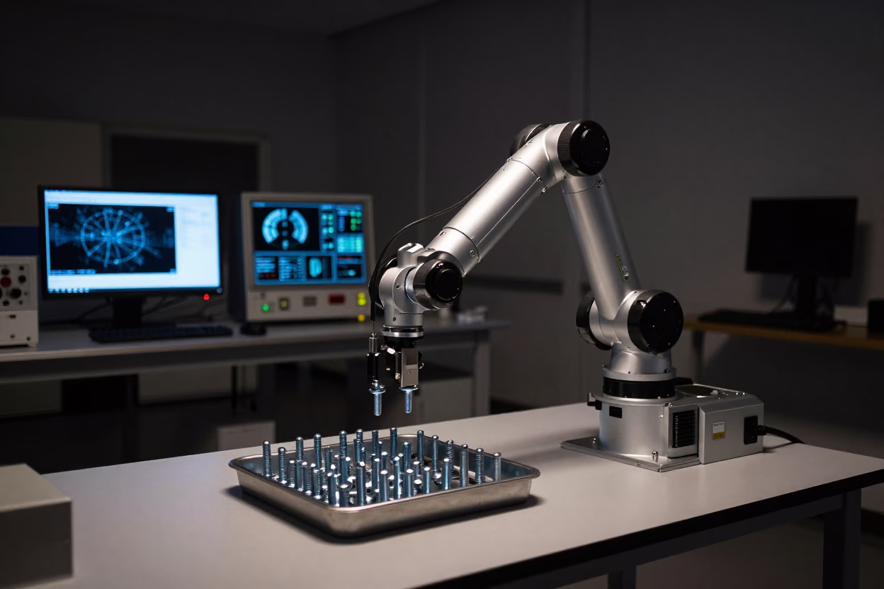 Robotics Arm Hovering Over Bolts in Night Lab in at an engineering workbench in Lahti