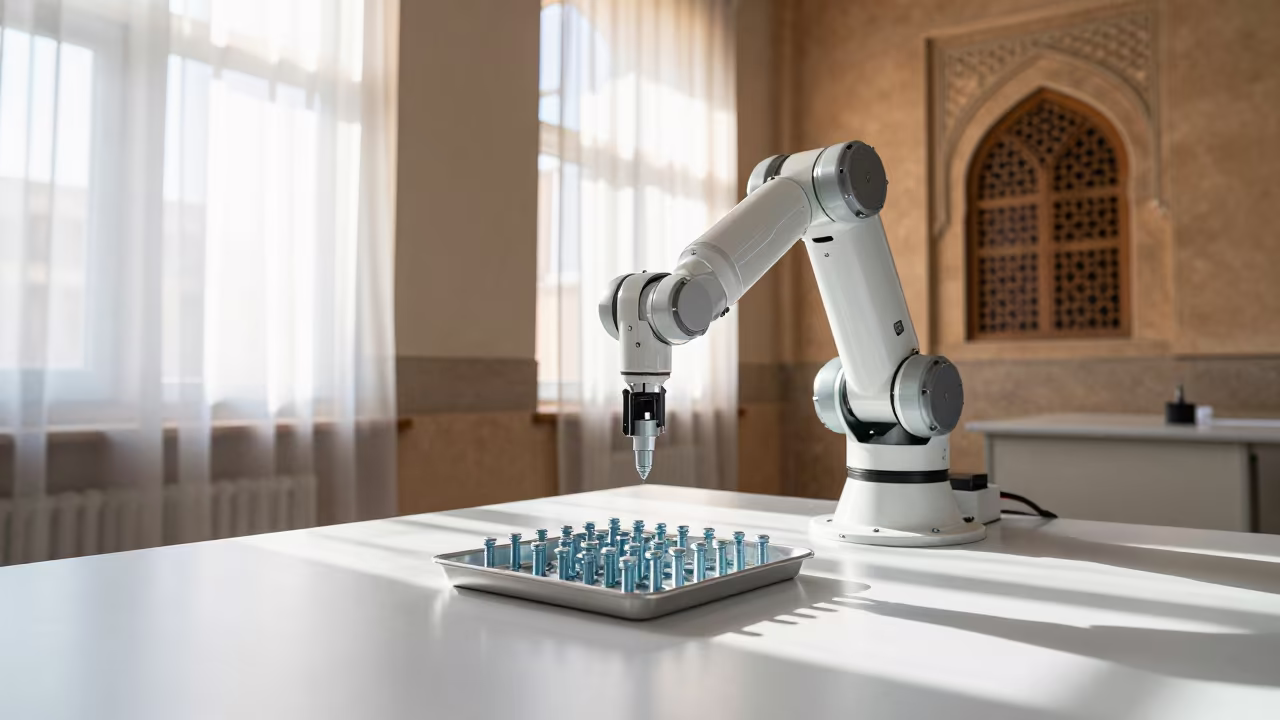 Robotics Arm Over Bolts in Cairo Lab in in a bright laboratory in Islamic Cairo, Cairo