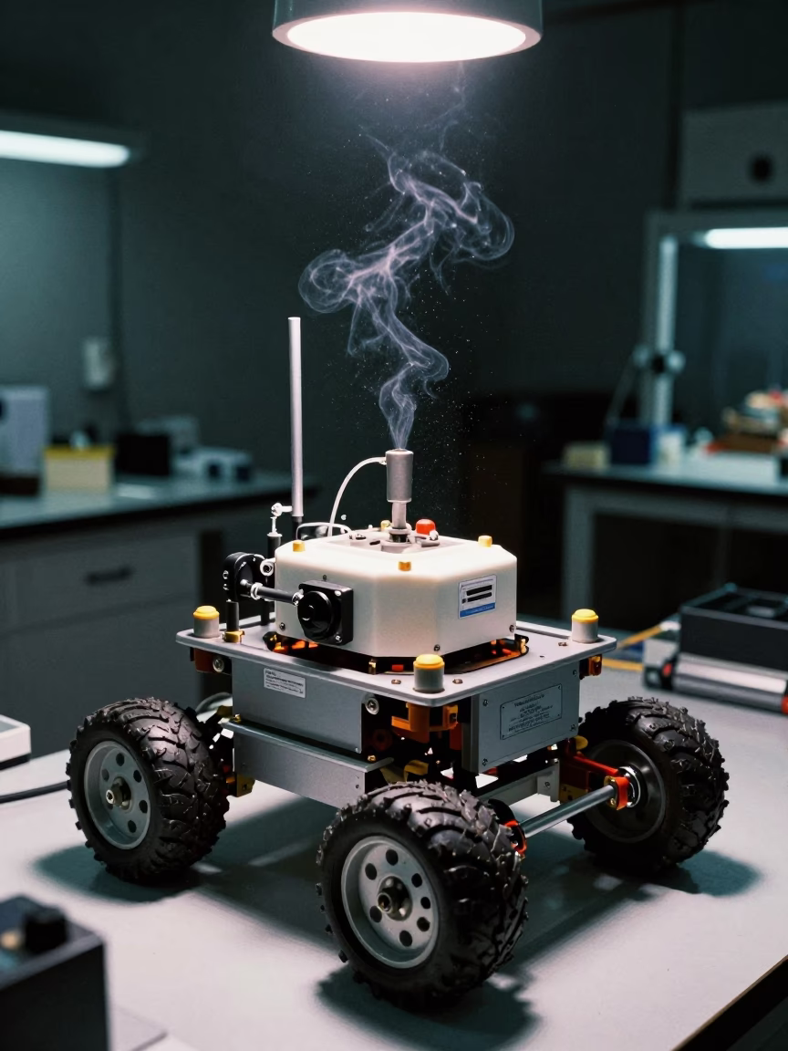 Robotics Lab Bench Solder Fumes Wet Season in in a fossil prep lab in Surabaya