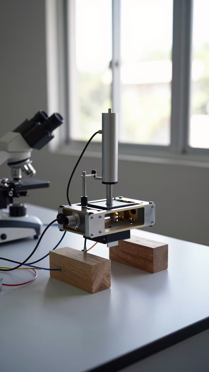 Robotics Lab Chassis on Blocks with Test Leads in at a microscopy bench in Ciudad Bolívar