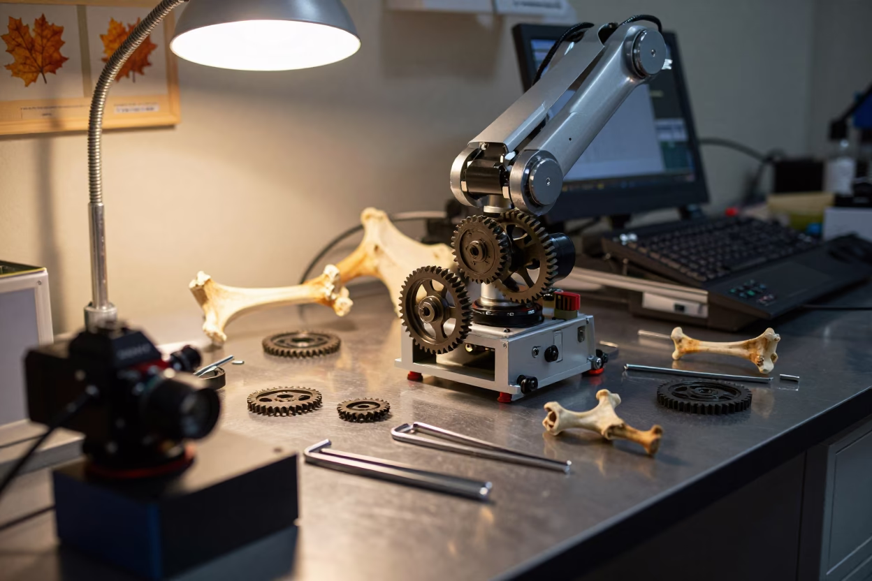 Robotics lab gears on workbench in fossil prep in in a fossil prep lab in Nuevo Laredo