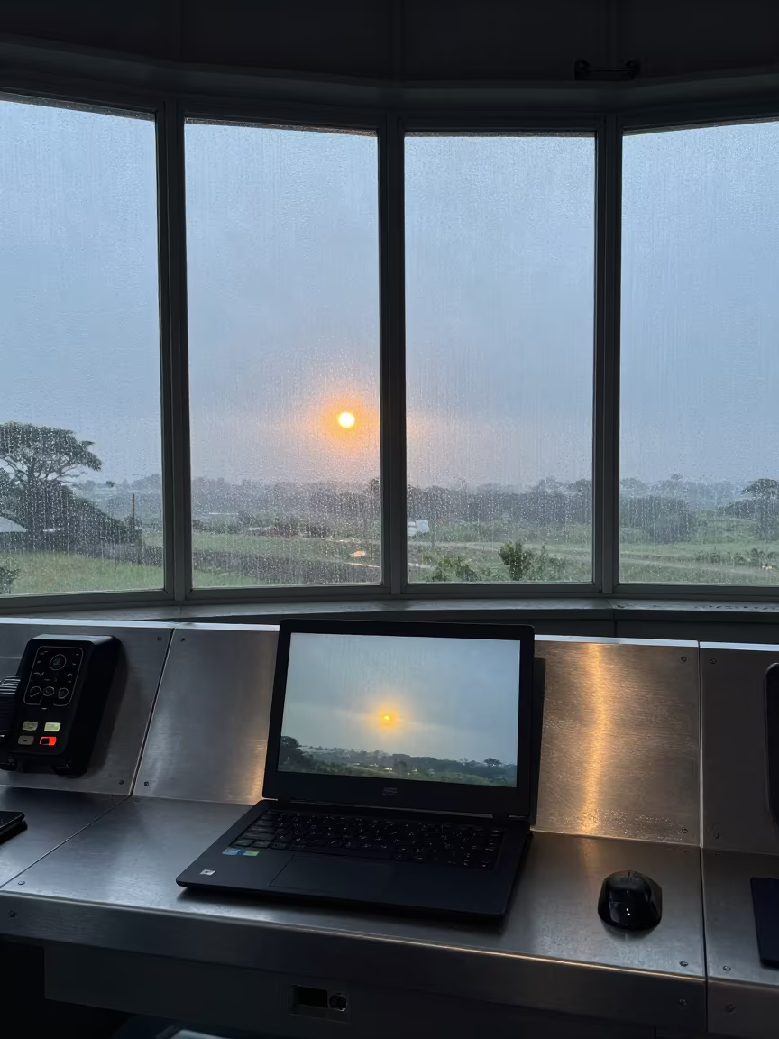Robotics Lab Laptop Mirrored in Aluminum Panels in inside an observatory control room near Masvingo