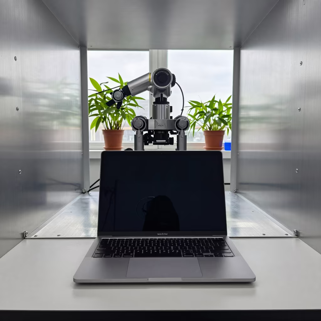 Robotics Lab Laptop Reflected in Aluminum Panels in in a fossil prep lab in The Hague