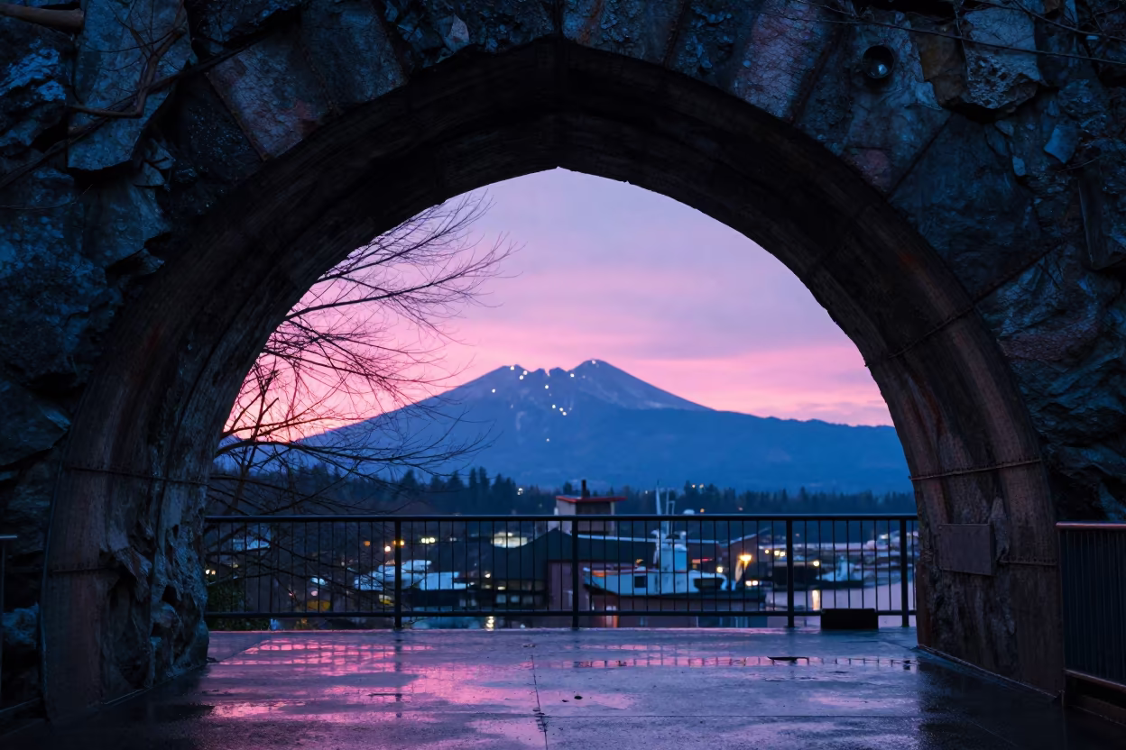 Rock Arch Framing Mountain Peak at Dawn in on a pier railing near Gastown, Vancouver