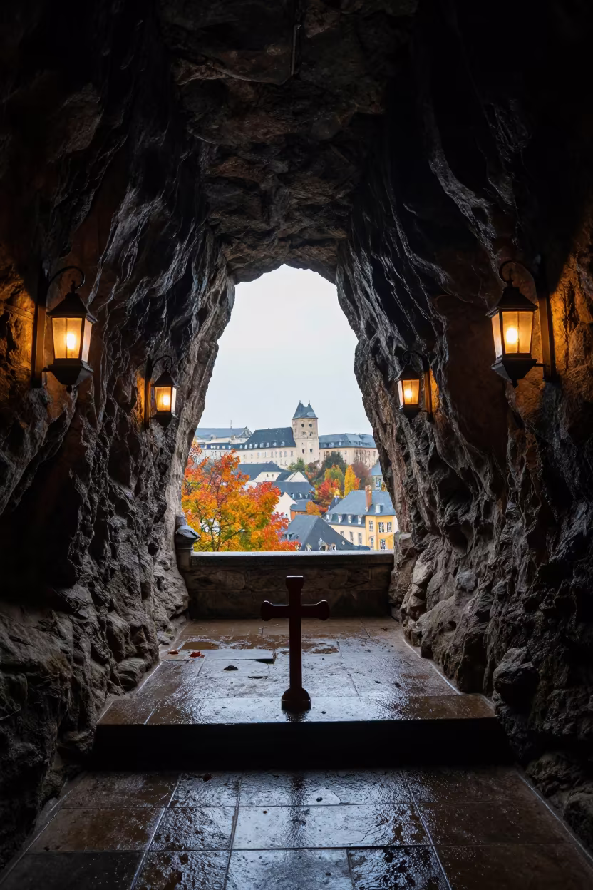 Rock Church Lanterns Autumn Morning in in a shrine lined with lanterns near Luxembourg City