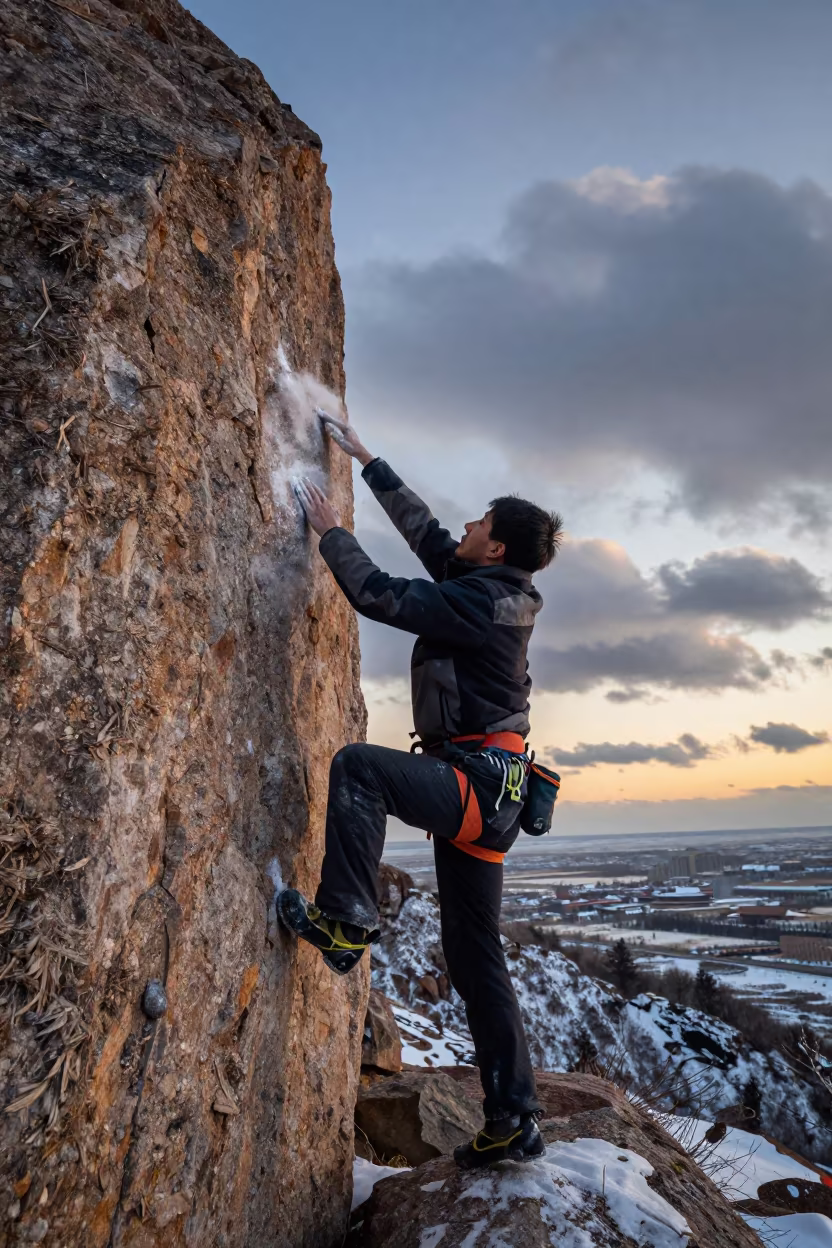 Rock Climber Chalking Hands at Golden Hour in on a hillside near Ulaanbaatar
