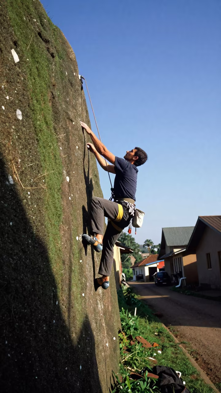 Rock Climber Scaling Wall in Hawassa Village Lane in in a village lane near Hawaasa