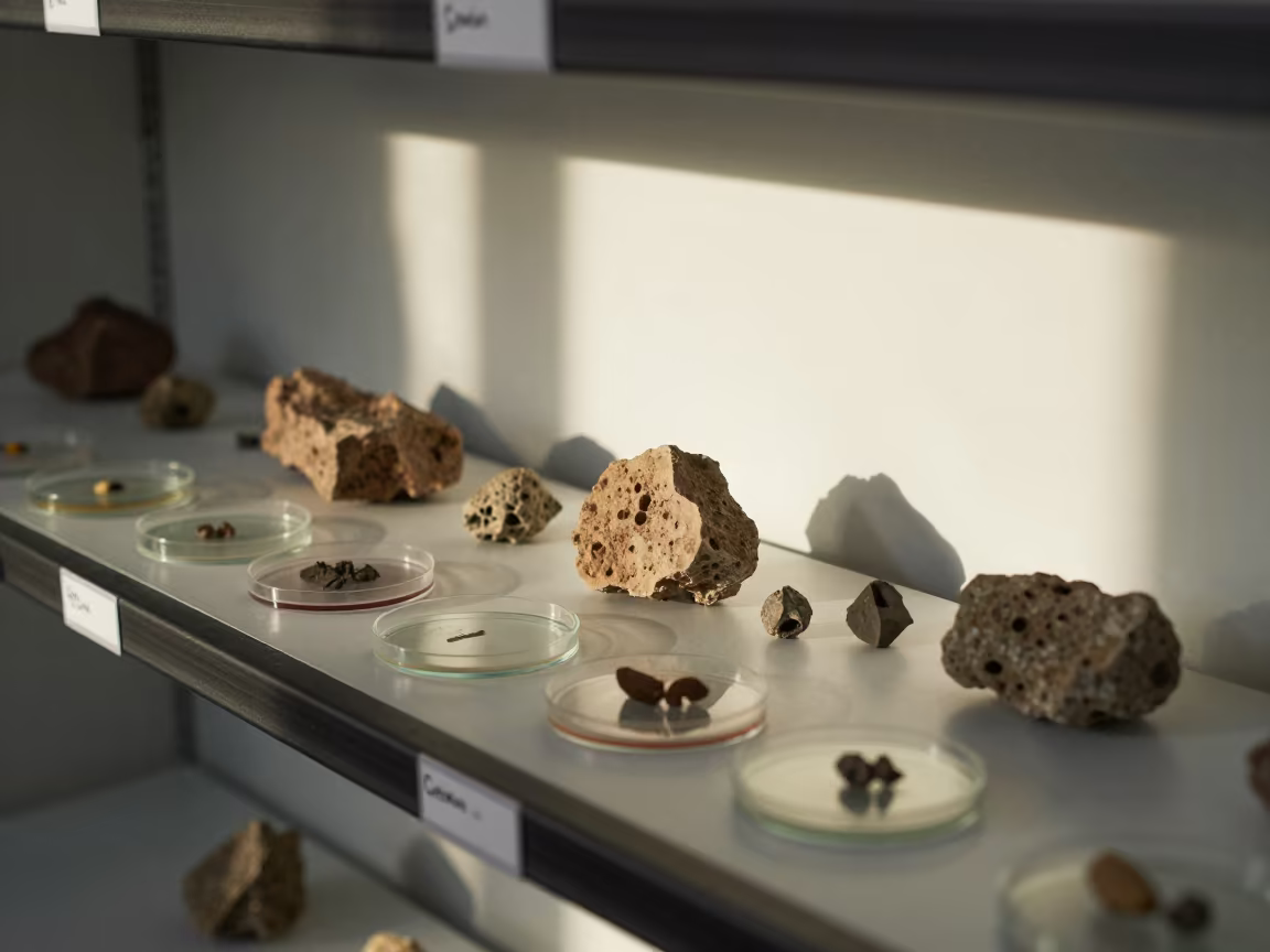 Rock Cores and Petri Dishes in Cali Lab in in a specimen archive room in Cali