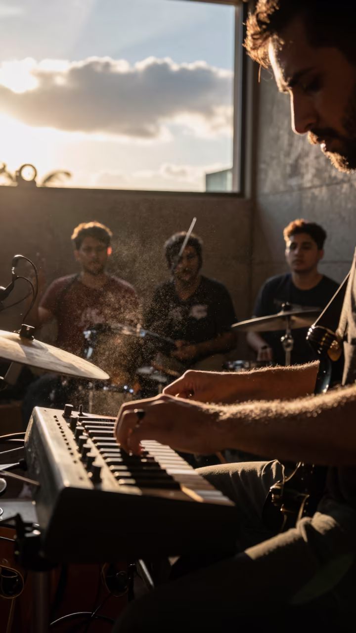 Rock Guitarist Power Chord Maracaibo Rehearsal in in a rehearsal room in Maracaibo