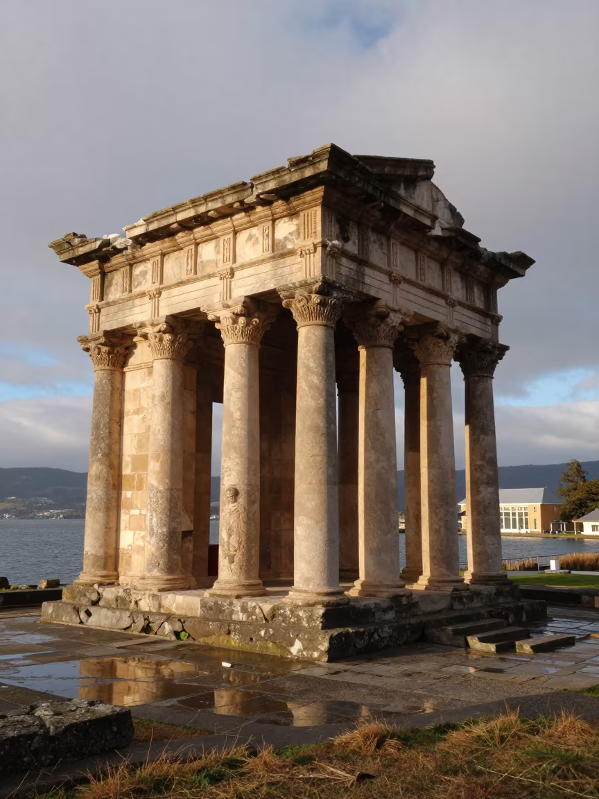 Rock-hewn church columns in Hobart temple courtyard in in a temple courtyard in Hobart