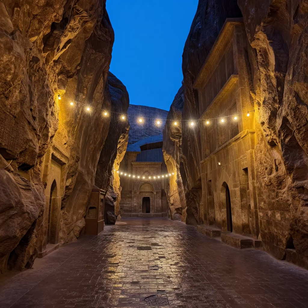 Rock-Hewn Church Ethiopian Highlands Blue Hour in in a ceremonial hall near Asyut