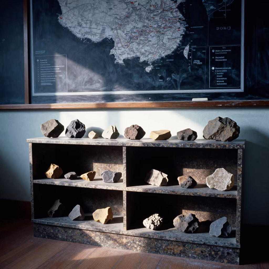 Rock Samples on Classroom Shelf Near Blackboard Map in inside a quiet classroom near Ondo