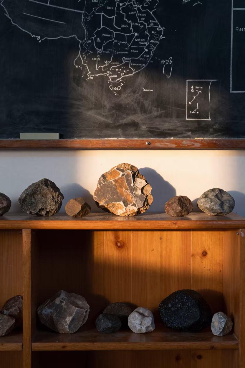 Rock Samples on Classroom Shelf Near Puno in inside a quiet classroom near Puno