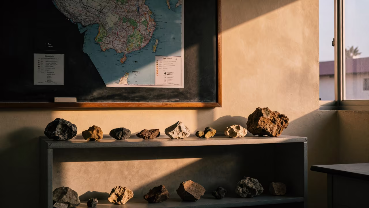 Rock samples on classroom shelf under map in inside a quiet classroom in Tijuana