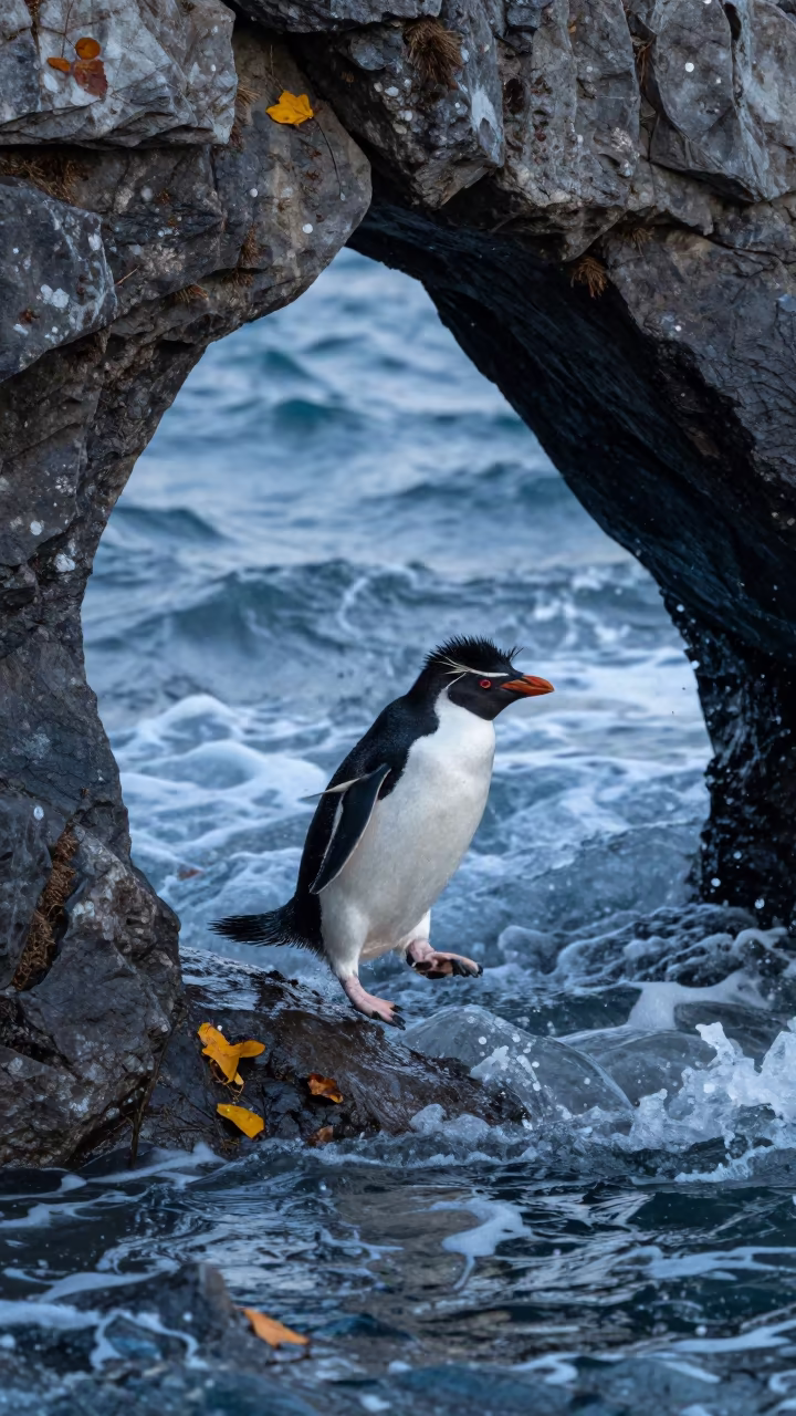 Rockhopper Penguin Leaping at Blue Hour in beside a tidal inlet near Idlib