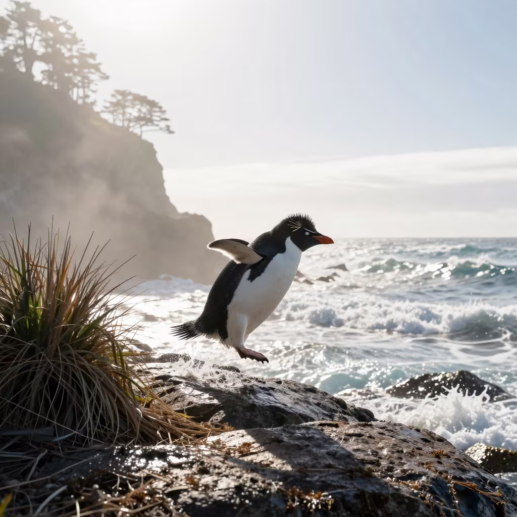 Rockhopper Penguin Leaping Over Wave-Washed Rock in along a game trail near Oskemen