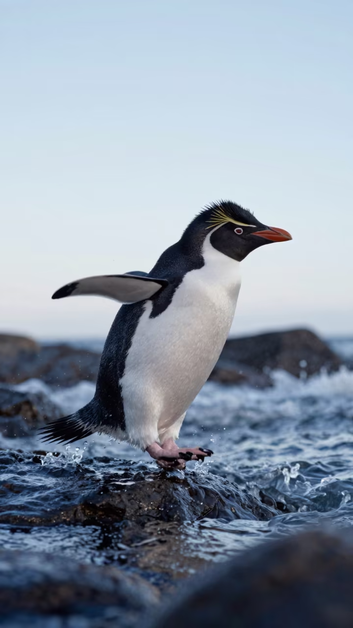 Rockhopper Penguin Leaps from Wave-Washed Rock in near Ondjiva
