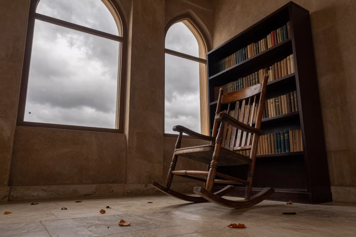 Rocking Chair Bookshelf Vaulted Atrium Autumn in inside a vaulted atrium in Al-Hajar al-Aswad