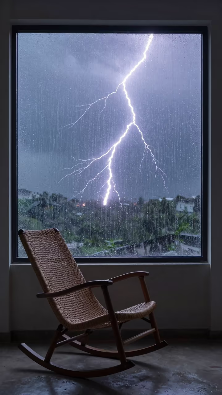 Rocking Chair Frozen Lightning Lahore Dawn in beside a rain-streaked window in Lahore